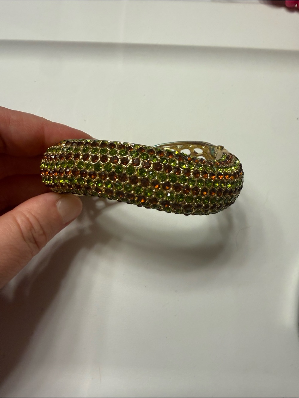 Green and Amber Crystal Pave Hinged Bangle Bracelet